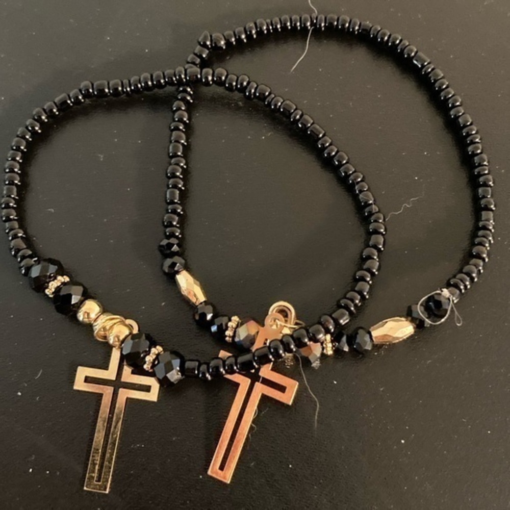 Black and golden cross bracelet with seed beads